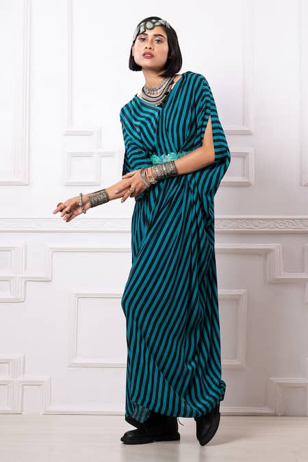 Shop_Megha Garg_Blue Sequins V-neck Printed Drape Kaftan Jumpsuit _Online_at_Aza_Fashions