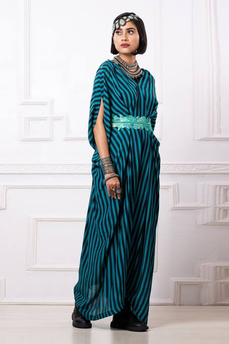 Megha Garg_Blue Sequins V-neck Printed Drape Kaftan Jumpsuit _at_Aza_Fashions