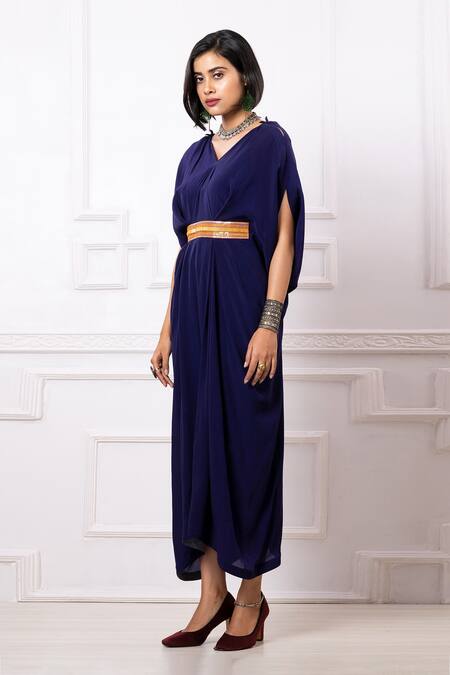 Megha Garg_Blue Crepe Sequins V-neck Draped Kaftan Jumpsuit _Online_at_Aza_Fashions
