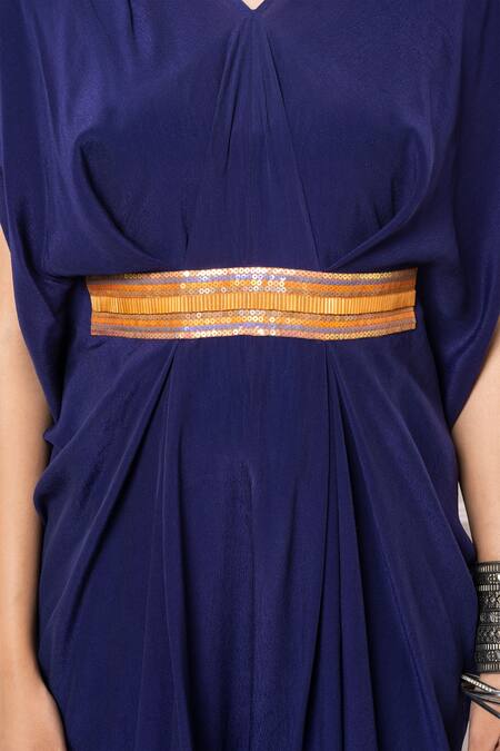 Buy_Megha Garg_Blue Crepe Sequins V-neck Draped Kaftan Jumpsuit _Online_at_Aza_Fashions