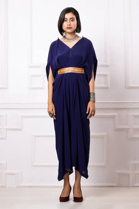 Shop_Megha Garg_Blue Crepe Sequins V-neck Draped Kaftan Jumpsuit _Online_at_Aza_Fashions
