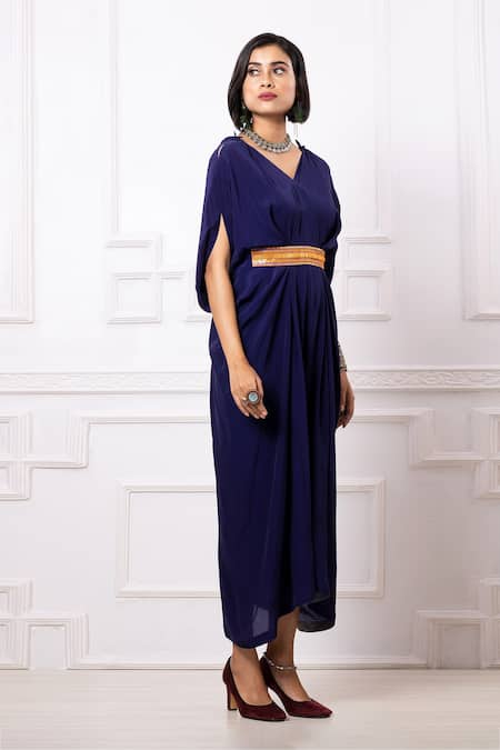 Megha Garg_Blue Crepe Sequins V-neck Draped Kaftan Jumpsuit _at_Aza_Fashions