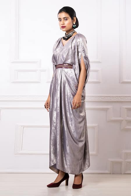 Megha Garg_Grey Sequins V-neck Split Sleeve Kaftan Jumpsuit _at_Aza_Fashions