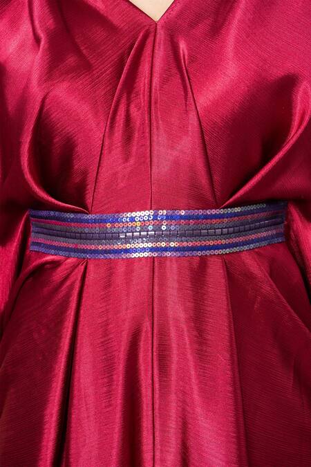 Megha Garg_Maroon Gucci Satin Embroidered Sequins Pleated Draped Kaftan Jumpsuit _Online_at_Aza_Fashions