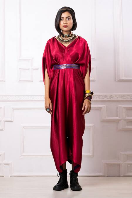 Buy_Megha Garg_Maroon Gucci Satin Embroidered Sequins Pleated Draped Kaftan Jumpsuit _Online_at_Aza_Fashions