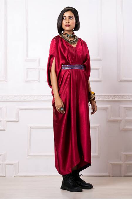 Shop_Megha Garg_Maroon Gucci Satin Embroidered Sequins Pleated Draped Kaftan Jumpsuit _Online_at_Aza_Fashions
