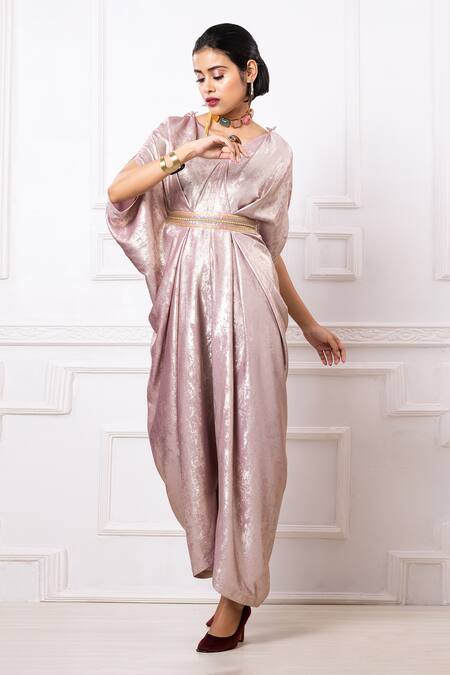 Buy_Megha Garg_Peach Faux Leather Sequins V-neck Embellished Waistband Jumpsuit _Online_at_Aza_Fashions