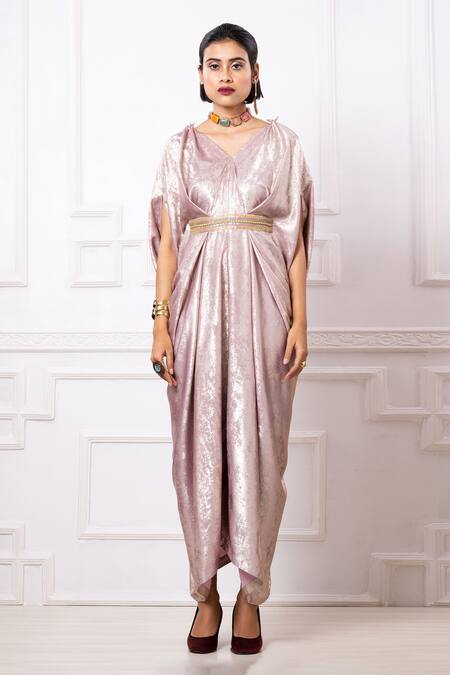 Shop_Megha Garg_Peach Faux Leather Sequins V-neck Embellished Waistband Jumpsuit _Online_at_Aza_Fashions