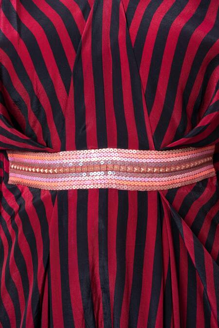 Megha Garg_Red Sequins V-neck Stripe Print Drape Kaftan Jumpsuit _Online_at_Aza_Fashions