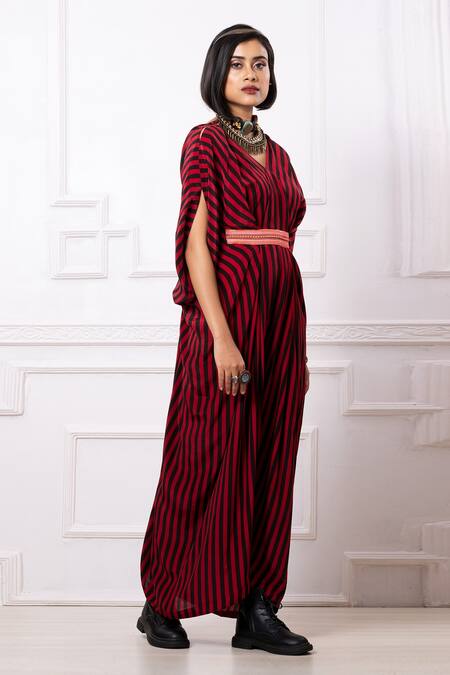 Shop_Megha Garg_Red Sequins V-neck Stripe Print Drape Kaftan Jumpsuit _Online_at_Aza_Fashions