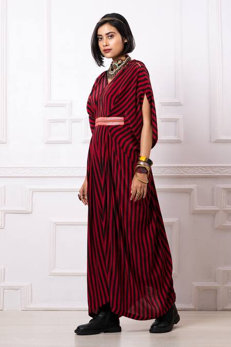 Megha Garg_Red Sequins V-neck Stripe Print Drape Kaftan Jumpsuit _at_Aza_Fashions