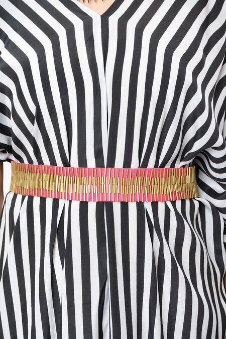 Megha Garg_Black Crepe V-neck Stripe Pattern Dress _Online_at_Aza_Fashions