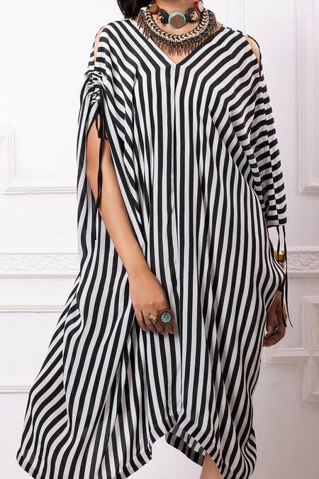 Shop_Megha Garg_Black Crepe V-neck Stripe Pattern Kaftan Dress _Online_at_Aza_Fashions