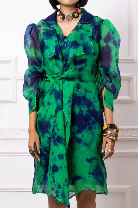 Buy_Megha Garg_Blue Organza, Lycra Embroidery Collared Printed Jacket And Dress Set _Online_at_Aza_Fashions