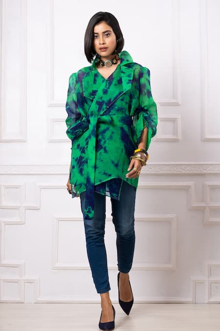 Megha Garg_Blue Organza Embroidery Scoop Neck Marble Dye Jacket With Top _Online_at_Aza_Fashions