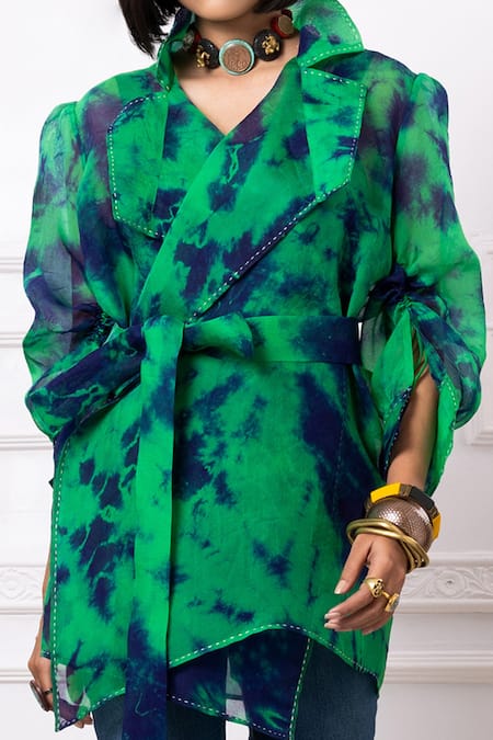 Buy_Megha Garg_Blue Organza Embroidery Scoop Neck Marble Dye Jacket With Top _Online_at_Aza_Fashions