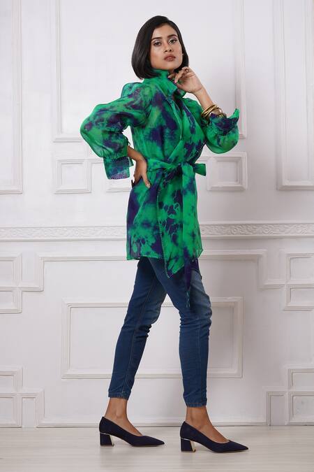 Shop_Megha Garg_Blue Organza Embroidery Scoop Neck Marble Dye Jacket With Top _Online_at_Aza_Fashions