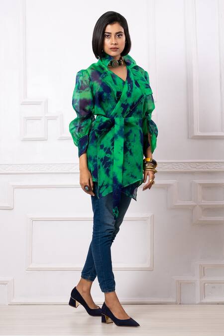 Megha Garg_Blue Organza Embroidery Scoop Neck Marble Dye Jacket With Top _at_Aza_Fashions