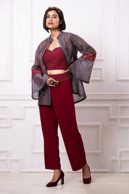 Shop Megha Garg Maroon Lycr Organza Stripe Sequin Jacket Mandarin Collar Pattern Pant Set Online at Aza Fashions Shop_Megha Garg_Maroon Lycr Organza Stripe Sequin Jacket Mandarin Collar Pattern Pant Set _Online_at_Aza_Fashions
