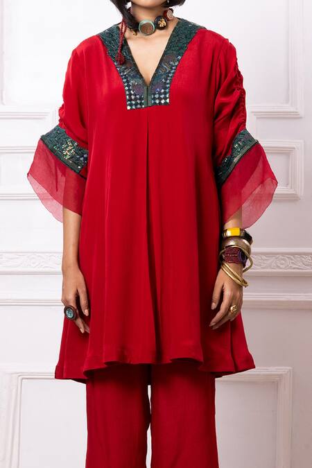 Buy_Megha Garg_Red Artificial Crepe Placement Embellishment Sequin V Neck Kurta With Pant _Online_at_Aza_Fashions