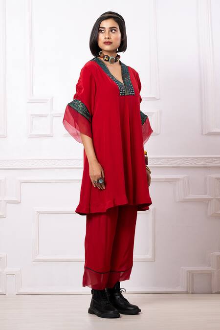 Shop_Megha Garg_Red Artificial Crepe Placement Embellishment Sequin V Neck Kurta With Pant _Online_at_Aza_Fashions
