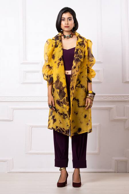 Megha Garg Purple Lycra Ruffles, Embroidery Collared Abstract Print Jacket And Pant Set Online at Aza Fashions Megha Garg_Purple Lycra Ruffles, Embroidery Collared Abstract Print Jacket And Pant Set _Online_at_Aza_Fashions