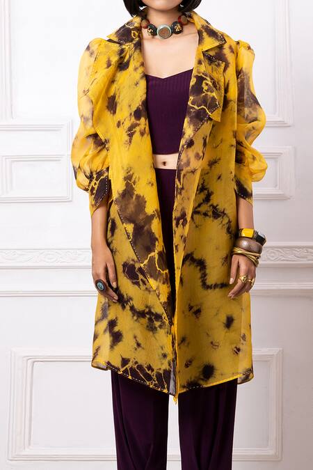 Buy Megha Garg Purple Lycra Ruffles, Embroidery Collared Abstract Print Jacket And Pant Set Online at Aza Fashions Buy_Megha Garg_Purple Lycra Ruffles, Embroidery Collared Abstract Print Jacket And Pant Set _Online_at_Aza_Fashions