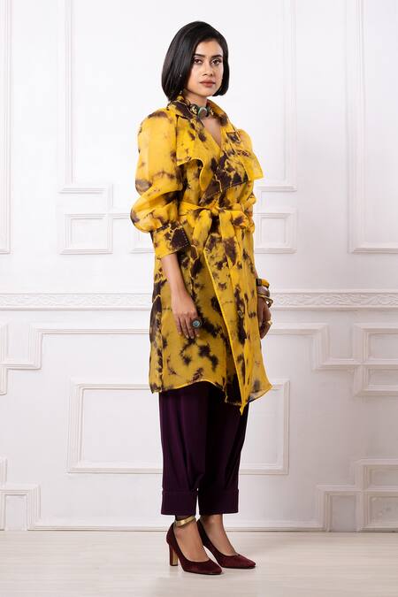 Shop Megha Garg Purple Lycra Ruffles, Embroidery Collared Abstract Print Jacket And Pant Set Online at Aza Fashions Shop_Megha Garg_Purple Lycra Ruffles, Embroidery Collared Abstract Print Jacket And Pant Set _Online_at_Aza_Fashions