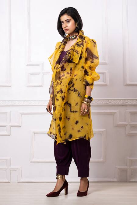 Megha Garg Purple Lycra Ruffles, Embroidery Collared Abstract Print Jacket And Pant Set at Aza Fashions Megha Garg_Purple Lycra Ruffles, Embroidery Collared Abstract Print Jacket And Pant Set _at_Aza_Fashions