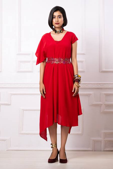 Megha Garg_Red Crepe V-neck Asymmetric Hem Dress _Online_at_Aza_Fashions