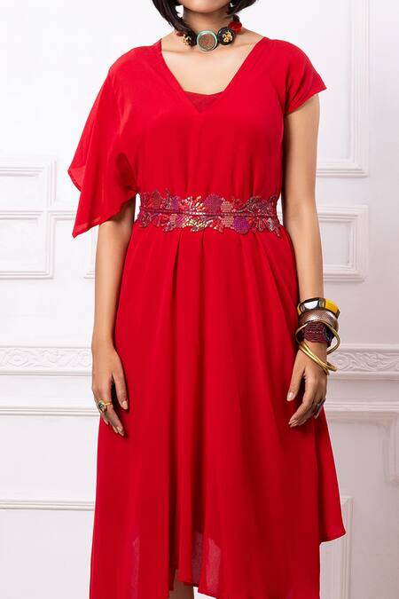 Buy_Megha Garg_Red Crepe V-neck Asymmetric Hem Dress _Online_at_Aza_Fashions