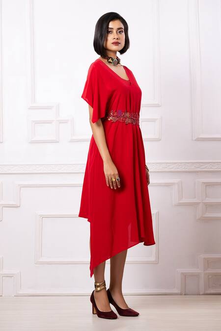 Shop_Megha Garg_Red Crepe V-neck Asymmetric Hem Dress _Online_at_Aza_Fashions