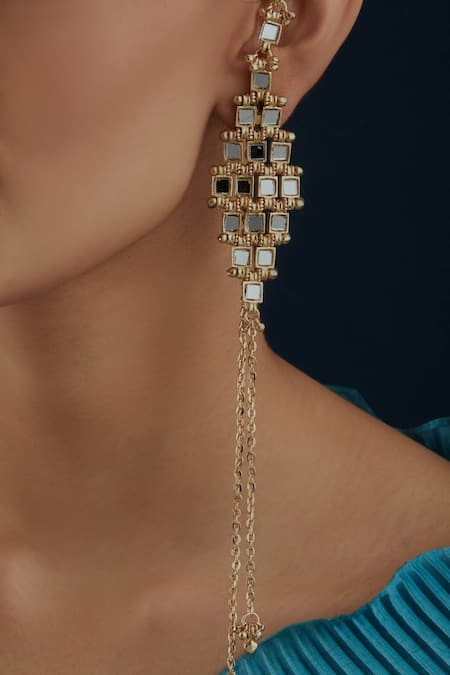 House Of Tuhina_Gold Plated Mirrors Falak Embellished Earrings _Online_at_Aza_Fashions