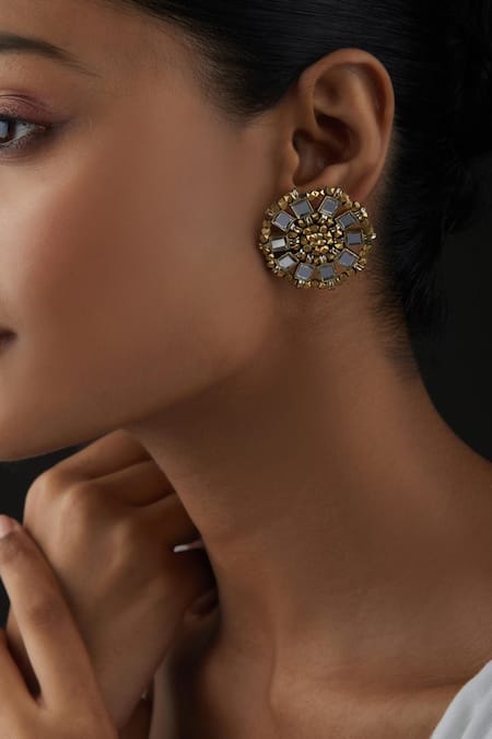 House Of Tuhina_Gold Plated Beads, Mirrors Saar Beaded Earrings _Online_at_Aza_Fashions