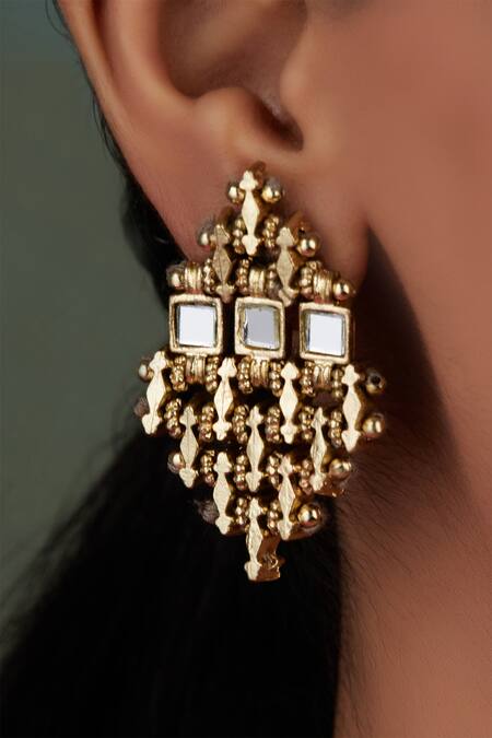 House Of Tuhina_Gold Plated Mirrors Studded Falak Teer Earrings _Online_at_Aza_Fashions