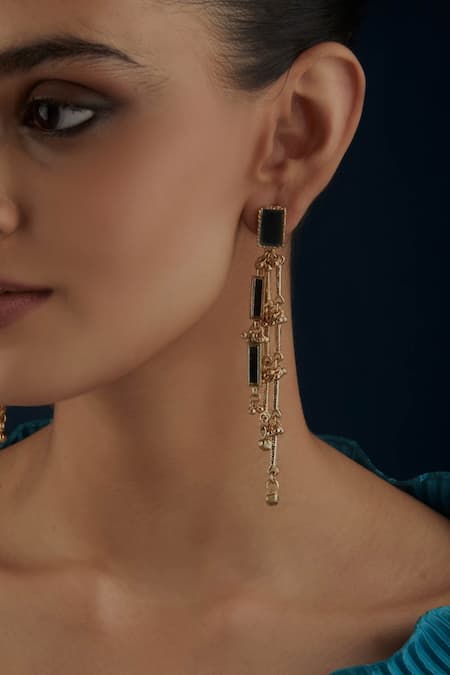 House Of Tuhina_Gold Plated Beads Mirror Brick Qabeela Earrings _Online_at_Aza_Fashions