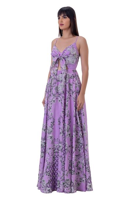 Buy_Gaya_Purple Linen Printed Floral Sweetheart Neck Front-tie Gown _Online_at_Aza_Fashions