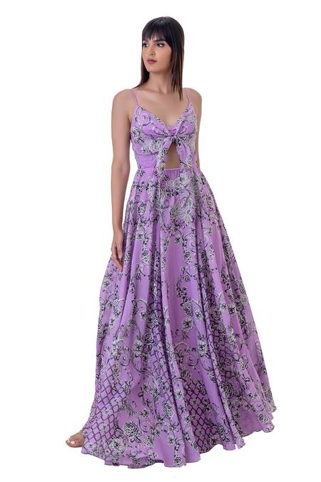 Shop_Gaya_Purple Linen Printed Floral Sweetheart Neck Front-tie Gown _Online_at_Aza_Fashions
