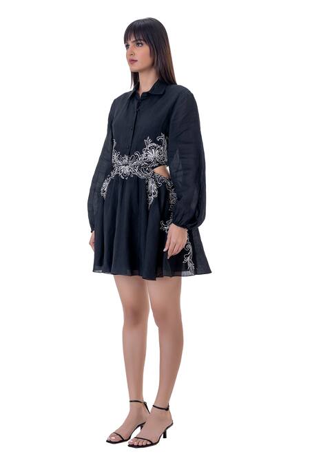 Buy_Gaya_Black Linen Embroidered Floral Collared Neck Mini Dress _Online_at_Aza_Fashions