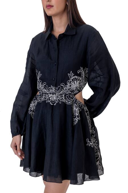 Gaya_Black Linen Embroidered Floral Collared Neck Mini Dress _at_Aza_Fashions
