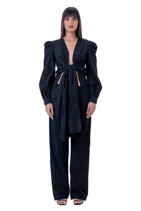Gaya_Black Cotton Solid Tie-up Top _Online_at_Aza_Fashions
