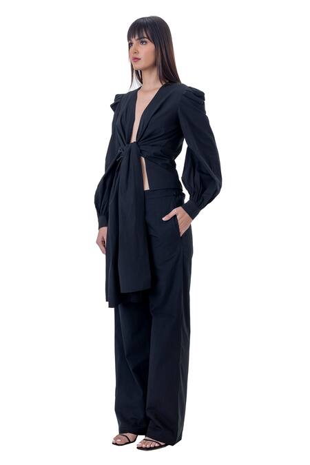 Buy_Gaya_Black Cotton Solid Tie-up Top _Online_at_Aza_Fashions