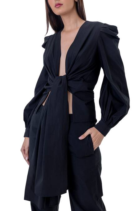 Shop_Gaya_Black Cotton Solid Tie-up Top _Online_at_Aza_Fashions