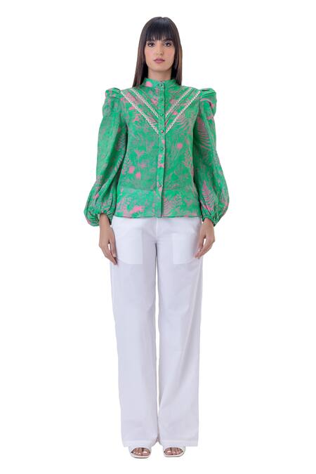 Gaya_Green Linen Printed Floral High Neck Shirt _Online_at_Aza_Fashions