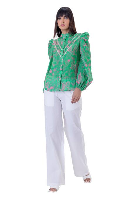 Shop_Gaya_Green Linen Printed Floral High Neck Shirt _Online_at_Aza_Fashions