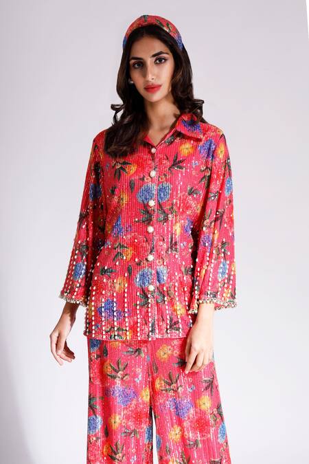 Buy_Nitya Bajaj_Coral Net Printed And Embroidered Collared Shirt & Pant Set _Online_at_Aza_Fashions