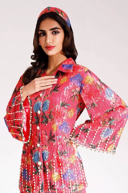 Nitya Bajaj_Coral Net Printed And Embroidered Collared Shirt & Pant Set _at_Aza_Fashions