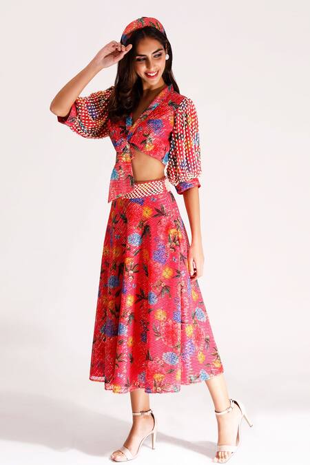 Nitya Bajaj_Coral Net Printed And Embroidered Sequin Skirt & Top Set _Online_at_Aza_Fashions