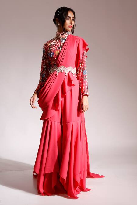 Nitya Bajaj_Pink Net, Satin Sequins, Pearls, Cut Work High Floral Print Ruffle Sharara Set_Online_at_Aza_Fashions