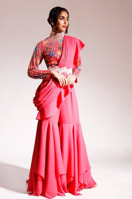 Buy_Nitya Bajaj_Pink Net, Satin Sequins, Pearls, Cut Work High Floral Print Ruffle Sharara Set_Online_at_Aza_Fashions